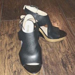 MK Black Leather Wedges